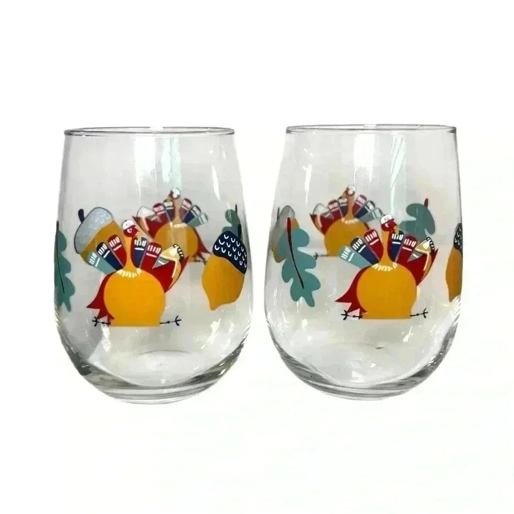 Thanksgiving Fall Stemless Wine Glass Set of Two